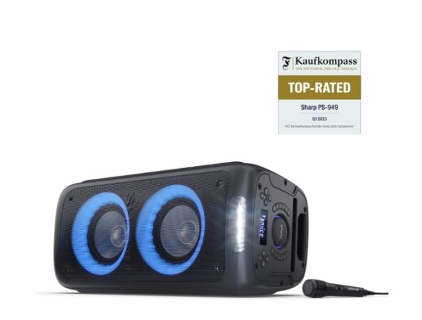 Тонколони Sharp Speakers PS-949, XPARTY STREET BEAT  2 x 8" woofers + horn tweeter, max power output 132 W, 12 h play time by built in battery, True wireless Stereo, USB Music playback and charging, DJ FX, BT 5.0, 2 x Mic/Guitar inputs, Splashproof (IPX4)