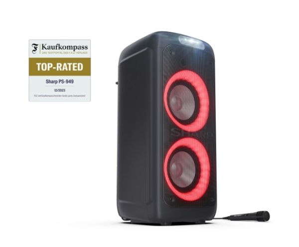 Тонколони Sharp Speakers PS-949, XPARTY STREET BEAT  2 x 8" woofers + horn tweeter, max power output 132 W, 12 h play time by built in battery, True wireless Stereo, USB Music playback and charging, DJ FX, BT 5.0, 2 x Mic/Guitar inputs, Splashproof (IPX4)
