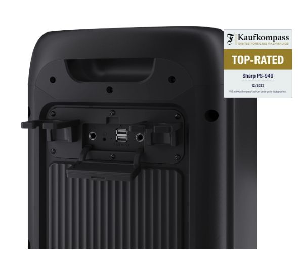 Тонколони Sharp Speakers PS-949, XPARTY STREET BEAT  2 x 8" woofers + horn tweeter, max power output 132 W, 12 h play time by built in battery, True wireless Stereo, USB Music playback and charging, DJ FX, BT 5.0, 2 x Mic/Guitar inputs, Splashproof (IPX4)