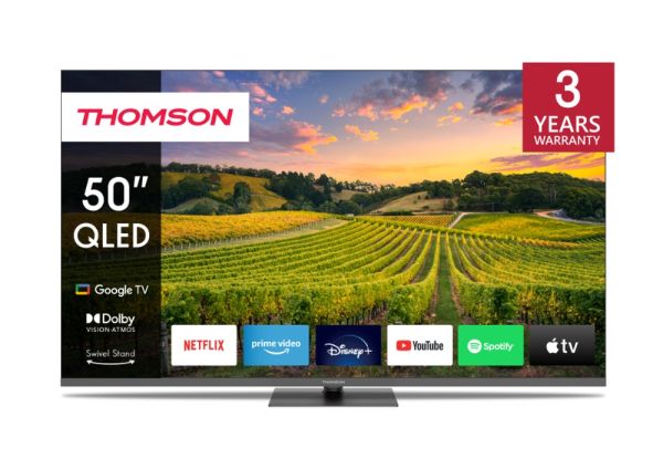 Телевизор Thomson 50" QLED Google TV; 3840 x 2160 (4K UHD), 4000:1, QLED, 60 Hz, DVB-T/T2/C/S/S2, HDR10, Wi-Fi, Bluetooth, LAN, HDMI 2 (2.0) + 2 (2.1), USB 2 (2.0) + 1 (3.0), Hotel mode, Central Swivel Stand, Dark gray