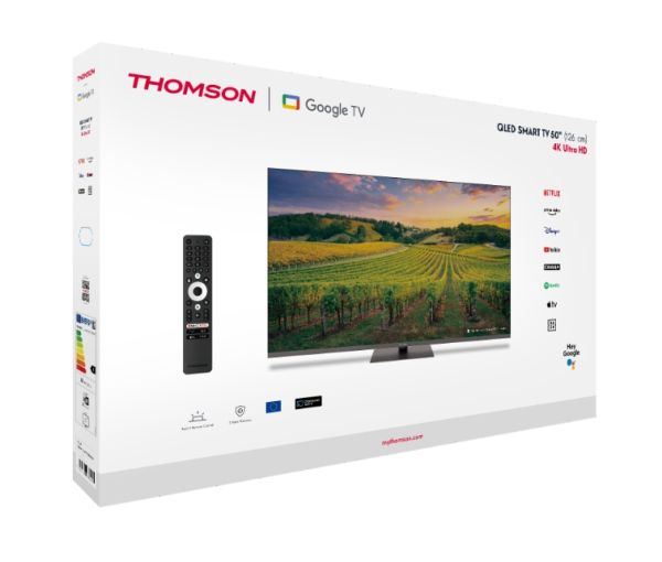 Телевизор Thomson 50" QLED Google TV; 3840 x 2160 (4K UHD), 4000:1, QLED, 60 Hz, DVB-T/T2/C/S/S2, HDR10, Wi-Fi, Bluetooth, LAN, HDMI 2 (2.0) + 2 (2.1), USB 2 (2.0) + 1 (3.0), Hotel mode, Central Swivel Stand, Dark gray