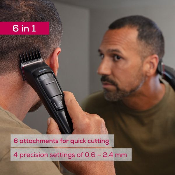 Машинка за подстригване Beurer MN5X hair clipper, 7 Attachments, 6 adjustable cutting lengths and 4-stage fine adjustment, LED display with battery display, Battery and mains operation, travel lock display and charge display, storage bag