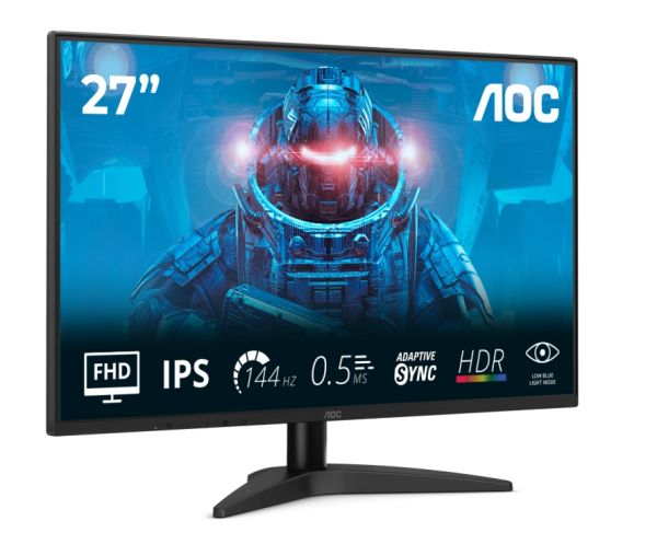 Монитор AOC 27B36X, 27" IPS WLED, 1920x1080@144Hz, 4ms GtG, 0.5ms MPRT, 300cd m/2, 1500:1, DCR 20M:1, Adaptive Sync, FlickerFree, Low Blue Light, Tilt, HDMI, DP