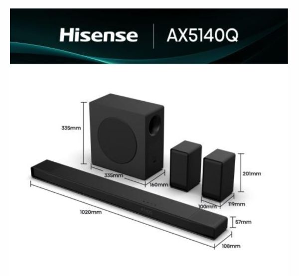 Аудио система Hisense AX5140Q,  5.1.4Ch Sound Bar with Wireless Subwoofer, 600W, Dolby Atmos, Bluetooth 5.3, 4K HDMI Pass Through, DTS:X, HDMI/AUX/ARC/Optical/USB, 7 EQ Modes, Black