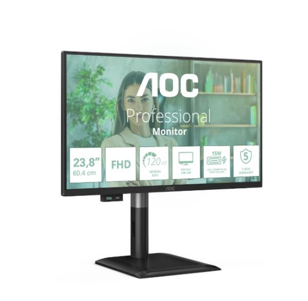 Монитор AOC 24P4U, 23.8" IPS WLED, 1920x1080@120Hz, 4ms GtG, 300cd m/2, 1500:1, 20M:1, Adaptive Sync, Anti Blue Light, FlickerFree, 2Wx2, Tilt, Height Adjust, Pivot, Swivel, D-SUB, HDMI, DP, USB hub