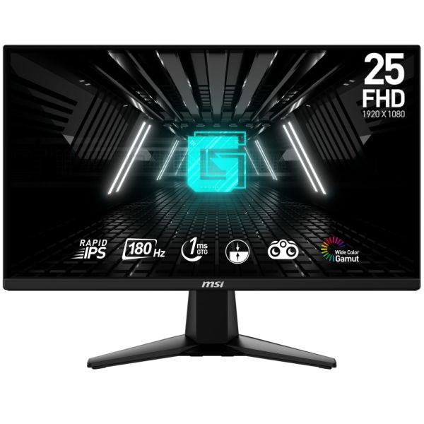 Монитор MSI G255F Gaming Monitor, 24.5", 1ms, 180Hz Rapid IPS, 1920x1080 FHD, AMD FreeSync Premium, Night Vision, Anti-Flicker, Less Blue Light, 300nits AG, 16.7M, 1000:1, 100M:1, DP(1.2a), 2xHDMI (2.0b), Headphone out, Tilt, VESA 100, Black, 3.24kg