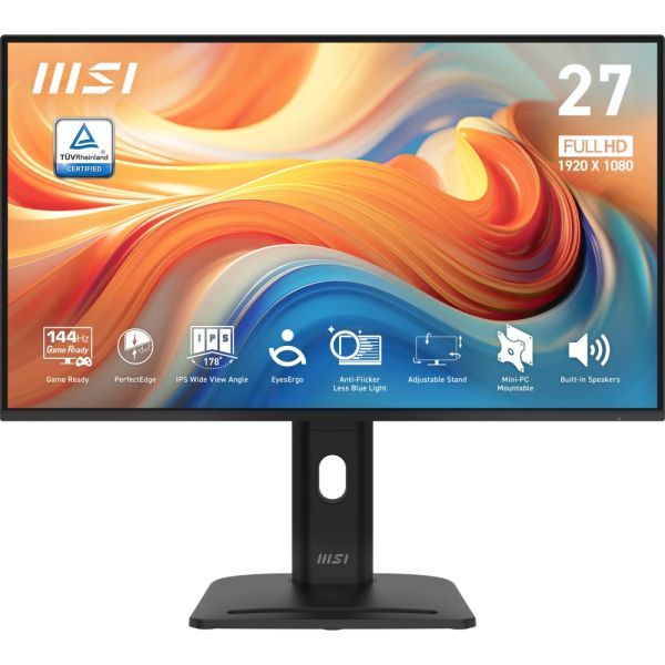 Монитор MSI PRO MP275PG E14 Proffesional Bussiness Monitor, 27", 1ms, 144Hz IPS, 1920x1080, FSync, EyesErgo, Anti-flicker, Eye-Q Check, Project Mode, HDR Ready, 300nits AG, 1500:1, 100M:1, sRGB 116%, DP, HDMI, D-Sub, 2x2W, Pivot, Heigh Adj., VESA, Black, 