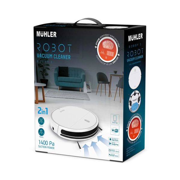 Робот прахосмукачка Muhler Bobby 1 – 2 в 1 сухо и мокро почистване, 1400 Pa всмукване, Wi-Fi управление