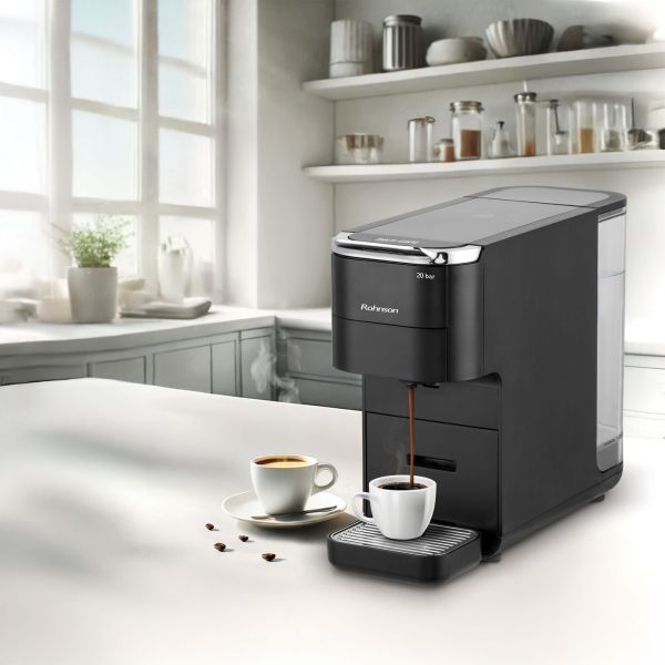Мултикапсулна кафемашина Rohnson R-98055 – 20 bar, 1.5 L резервоар, 7 програми, Nespresso/Dolce Gusto/Lavazza Blue/ESE/мляно кафе