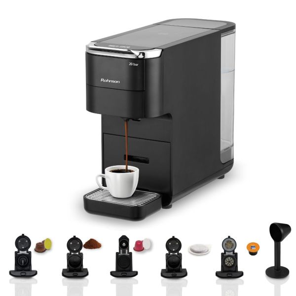 Мултикапсулна кафемашина Rohnson R-98055 – 20 bar, 1.5 L резервоар, 7 програми, Nespresso/Dolce Gusto/Lavazza Blue/ESE/мляно кафе