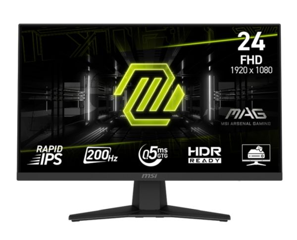Монитор MSI MAG 244F, 23.8", 0.5ms, 200Hz, Rapid IPS, 1920x1080 (FHD), 16:9, AMD FreeSync Premium, 96% DCI-P3, AG, HDR Ready, 300 nits, 1000:1, DCR 100M:1, DP(1.2a), HDMI 2.0b, Tilt, VESA, Black, 2.9kg