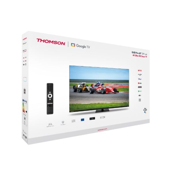 Телевизор Thomson Smart QLED Pro TV 55"; Google TV; 3840 x 2160 (4K UHD), DLED, 144 Hz, DVB-T/T2/C/S/S2, HDR10, Wi-Fi, Bluetooth, LAN, HDMI 4 (2.1), USB 2 (2.0) + 1 (3.0), Central Swivel Stand, Black
