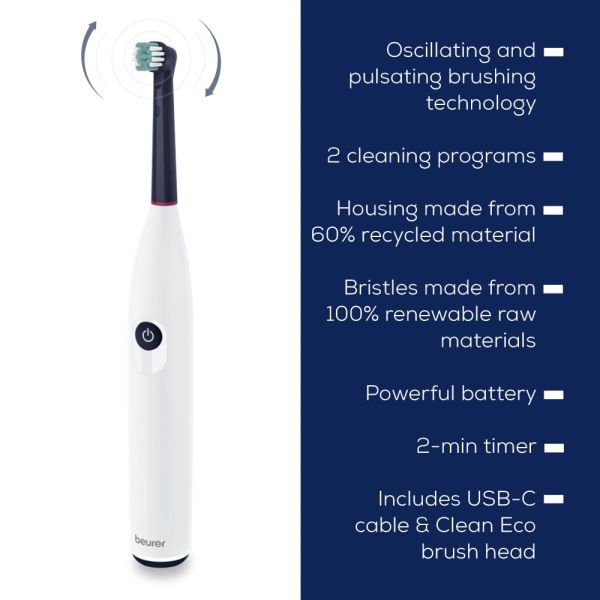 Електрическа четка за зъби Beurer TB 15 Electric toothbrush; 2 cleaning programs; 12days Battery life; 2-min timer; Oscillating, pulsating, brushing technology; Incl. USB-C charging cable and Clean Eco brush head; white