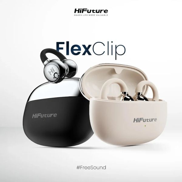 Слушалки HiFuture FlexClip Champagne Gold, Open Ear Comfort, Bluetooth 5.4, 4 Mics ENC Calling System, Playtime up to 30 Hours, IPX5 Waterproof, 12mm Driver Bass Boost