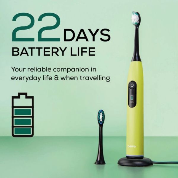Електрическа четка за зъби Beurer SC 50 splashy lemon Electric Sonic Toothbrush, up to 80,000 mov/min, 5 cleaning programs: Clean, Sensitive, Polish, Gum Care, Whiten, Pressure sensor , 2-min. timer, Incl. 2 toothbrush heads and magnetic charging plate, 2