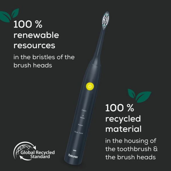Електрическа четка за зъби Beurer SC 30 Jet Black, Electric Sonic Toothbrush, up to 80,000 mov/min, 4 cleaning programs: Clean, White, Polish, Gum Care, Int. 2-min. timer, Incl. 2 toothbrush heads and USB-C charging cable, 15 days of battery life