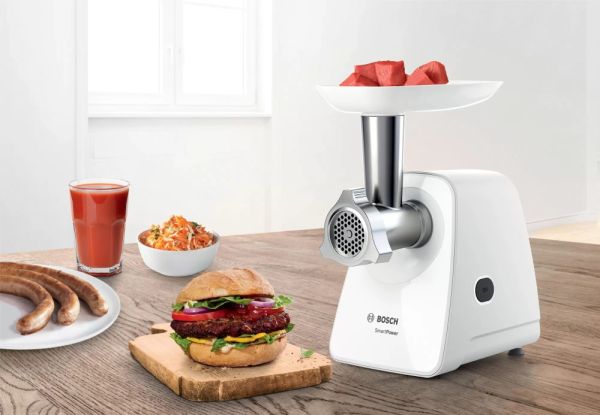 Месомелачка Bosch MFW2515W, Meat mincer, SmartPower Meat mincer from SmartPower range: 1500W, 1,7 kg/min, 2 sieves, 1 sausage horn, fruit press attachment, no reverse, white