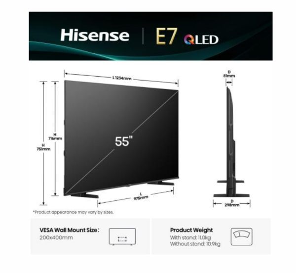 Телевизор Hisense 55" E7Q, 4K Ultra HD 3840x2160, QLED, Quantum Dot, HDR 10+, HLG, Dolby Vision, DTS Virtual X, Smart TV, WiFi, Light Sensor, BT, Anyview Cast, 3xHDMI, 2xUSB, LAN, CI+, DVB-T2/C/S2, Black