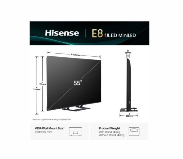 Телевизор Hisense 55" E8Q, 4K Ultra HD 3840x2160, ULED, Quantum Dot,144 Hz,HDR 10+, HLG, Dolby Vision, DTS Virtual X, Smart TV, WiFi, Light Sensor, BT, Anyview Cast, 4xHDMI, 2xUSB, LAN, CI+, DVB-T2/C/S2, Singale Stand, Black