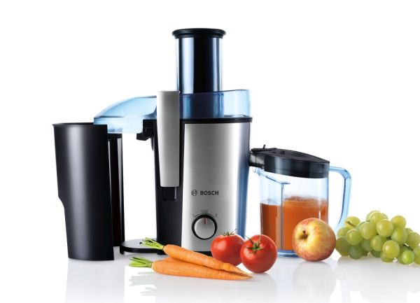 Сокоизстисквачка Bosch MES3500, Centrifugal juicer 700 W, 2 speeds, 2 lt pulp container, 1.25 ltr juice container & foam separator, XL feeding tube (73 mm), ceramic knife, s/s sieve, s/s body, die-cast aluminum clamps, juice outlet with drip-stop and made
