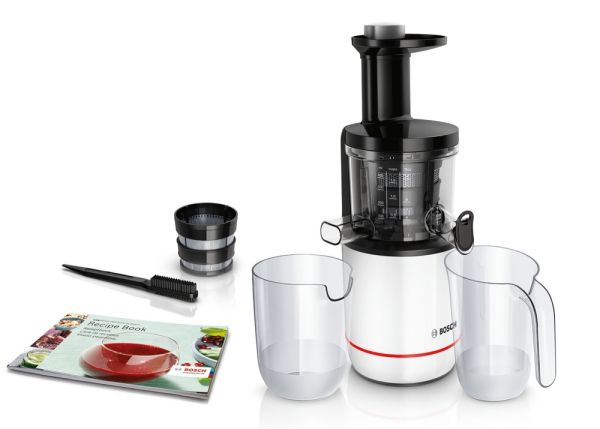 Сокоизстисквачка Bosch MESM500W, Slow juicer VitaExtract 150 W, 55 rpm, 1 speed + reverse function, tritan screw, MixControl lever, juice container 1 l, pulp container 1,3l, 2 filters (fine, coarse), white / black