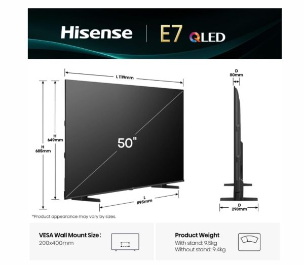 Телевизор Hisense 50" E7Q, 4K Ultra HD 3840x2160, QLED, Quantum Dot, HDR 10+, HLG, Dolby Vision, DTS Virtual X, Smart TV, WiFi, Light Sensor, BT, Anyview Cast, 3xHDMI, 2xUSB, LAN, CI+, DVB-T2/C/S2, Black