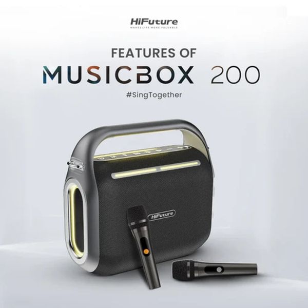 Тонколони HiFuture MusicBox200 Black, 100W Output, Karaoke Enable, Two Wireless Microphone, 12000mAh Battery (Support Power Bank), RGB Lighting, Pair to Play (TWS Mode), Bluetooth 5.3