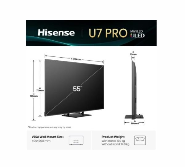 Телевизор Hisense 55"U7Q Pro, 4K Ultra HD 3840x2160, ULED, FALD, Quantum Dot, 165Hz, IPS, HDR 10+, HLG, Dolby Vision IQ, Dolby Atmos, Smart TV, WiFi 5GHz, WiFi Direct, BT, Anyview Cast,light sensor,Solar Powered Remote, 4xHDMI, 2xUSB, LAN, CI+, DVB-T2/C/S