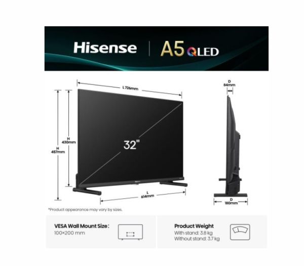 Телевизор Hisense 32" A5Q, Full HD 1920x1080, QLED, Quantum Dot, HDR, HLG, DTS HD, Light Sensor, Dolby Audio, Smart TV, WiFi, WiFi Direct, 2xHDMI, 2xUSB, LAN, CI+, DVB-T2/C/S2, Black