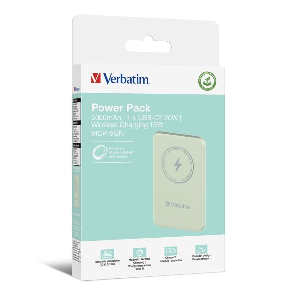 Външна батерия Verbatim MCP-5GN Power Pack 5000 mAh with UBS-C PD 20W / Magnetic Wireless Charging 15W Green