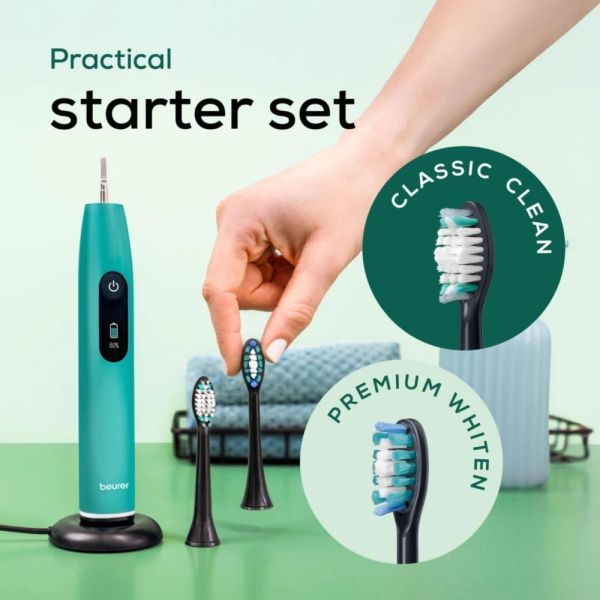 Електрическа четка за зъби Beurer SC 50 ocean breeze Electric Sonic Toothbrush, up to 80,000 mov/min, 5 cleaning programs: Clean, Sensitive, Polish, Gum Care, Whiten, Pressure sensor , 2-min. timer, Incl. 2 toothbrush heads and magnetic charging plate, 22