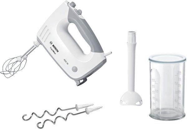 Миксер Bosch MFQ36440, Hand mixer, ErgoMixx, 450 W, Included blender & transparent jug, White