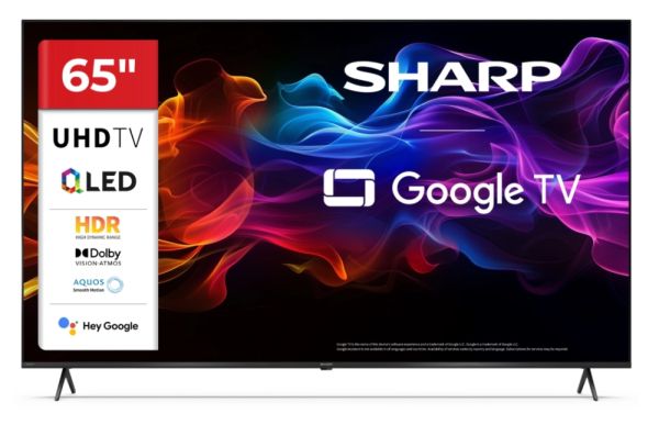 Телевизор Sharp 65HP5265E, 65" QLED Google TV, 4K Ultra HD 3840x2160 Frameless, 1 000 000:1, AQUOS, DVB-T/T2/C/S/S2, Active Motion 1000, HDR10, Dolby Atmos, Dolby Vision, Google Assistant, Google Cast, HDMI 2.1 with eARC, 3.5mm Headphone jack / line-out, 