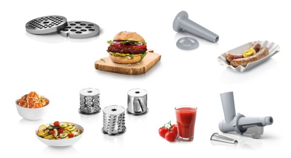 Месомелачка Bosch MFW2517W, Meat mincer, SmartPower Meat mincer from SmartPower range: 1500W, 1,7 kg/min, 2 sieves, 1 sausage horn, fruit press attachment, shredder with 3 barrels, no reverse, white