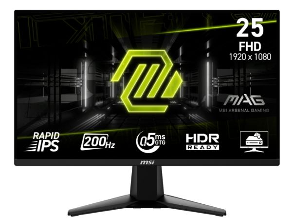 Монитор MSI MAG 255F E20, 24.5", 0.5ms, 200Hz, Rapid IPS, 1920x1080 (FHD), 16:9, AMD FreeSync Premium, 79% DCI-P3, AG, HDR Ready, 300 nits, 1000:1, DCR 100M:1, DP(1.2a), 2xHDMI 2.0b, Tilt, VESA, Black, 3.24kg