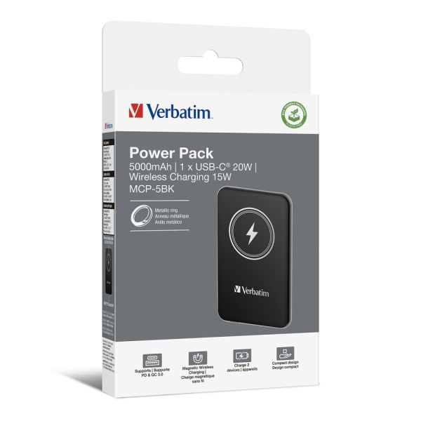 Външна батерия Verbatim MCP-5BK Power Pack 5000 mAh with UBS-C PD 20W / Magnetic Wireless Charging 15W Black