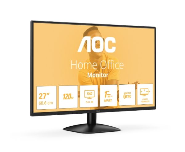 Монитор AOC 27B31H, 27" IPS WLED, 1920x1080@120Hz, 4ms GtG, 1ms MPRT, 300cd m/2, 1500:1, 20M:1 DCR, Adaptive Sync, FlickerFree, Anti Blue Light, Tilt, D-SUB, HDMI