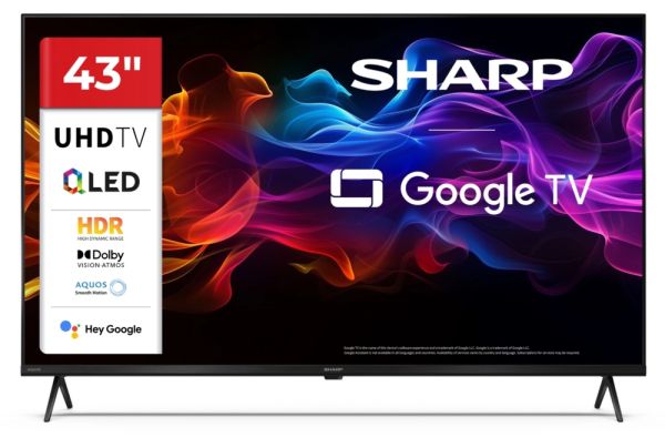 Телевизор Sharp 43HP5265E, 43" QLED Google TV, 4K Ultra HD 3840x2160 Frameless, 1 000 000:1, AQUOS, DVB-T/T2/C/S/S2, Active Motion 1000, HDR10, Dolby Atmos, Dolby Vision, Google Assistant, Google Cast, HDMI 2.1 with eARC, 3.5mm Headphone jack / line-out, 