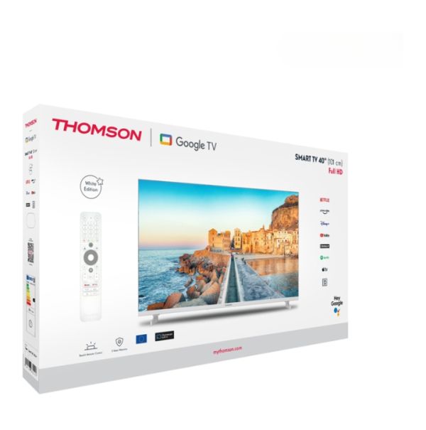 Телевизор Thomson 40" FHD Google TV; 1920 x 1080 (FHD), DLED, 60 Hz, HDR10, Dolby Audio, Google Cast, DVB-T/T2/C/S/S2, Wi-Fi, Bluetooth, LAN, HDMI 3 (1.4), USB 2 (2.0), Hotel mode, Side Feet, White