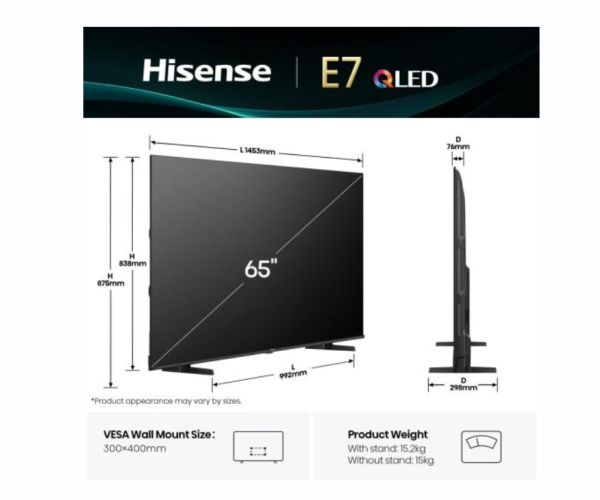 Телевизор Hisense 65" E7Q, 4K Ultra HD 3840x2160, QLED, Quantum Dot, HDR 10+, HLG, Dolby Vision, DTS Virtual X, Smart TV,Light Sensor,WiFi Direct, BT, Anyview Cast, 3xHDMI, 2xUSB, LAN, CI+, DVB-T2/C/S2, Black