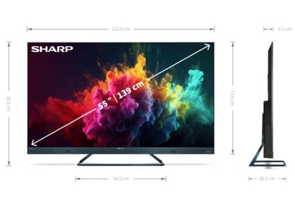 Телевизор Sharp 55FQ8EG, 55" QLED  GOOGLE TV, 4K 144Hz Quantum Dot 3840x2160 Aluminium Slim Frameless, AQUOS AI, DVB-T/T2/C/S/S2, 500 NIT, Active Motion 1400, HARMAN/KARDON, HDR10, Dolby Atmos, Dolby Vision, DTS:X, Google Assistant, HDMI eARC, Mini Compos