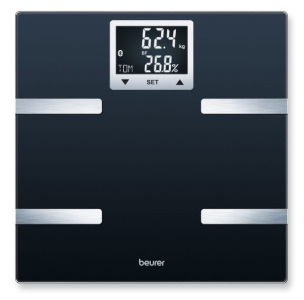 Везна Beurer BF 720 BT diagnostic bathroom scale in black, Weight, body fat, body water, muscle percentage, bone mass, AMR/BMR calorie display; BMI calculation; Black LCD display; white illumination with display of user's initials; Bluetooth; 180 kg / 100