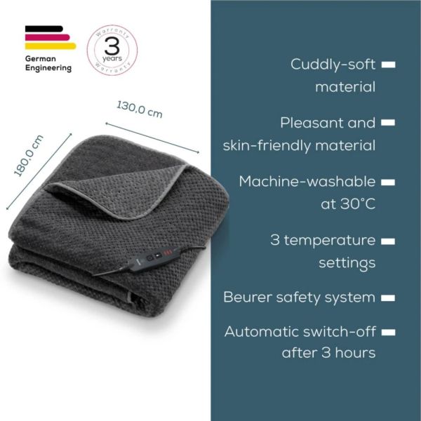 Термоподложка Beurer HD 65 Dark Grey Heated Overblanket; Soft and cuddly surface; 3 temperature;auto switch-off 3 hours; removable switch; washable at 30°, Oko-Tex 100; 180(L)x130(W)cm