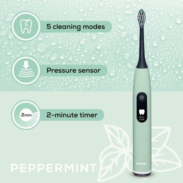 Електрическа четка за зъби Beurer SC 50 peppermint Electric Sonic Toothbrush, up to 80,000 mov/min, 5 cleaning programs: Clean, Sensitive, Polish, Gum Care, Whiten, Pressure sensor , 2-min. timer, Incl. 2 toothbrush heads and magnetic charging plate, 22 d