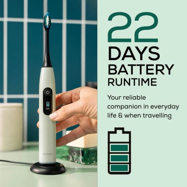Електрическа четка за зъби Beurer SC 50 peppermint Electric Sonic Toothbrush, up to 80,000 mov/min, 5 cleaning programs: Clean, Sensitive, Polish, Gum Care, Whiten, Pressure sensor , 2-min. timer, Incl. 2 toothbrush heads and magnetic charging plate, 22 d