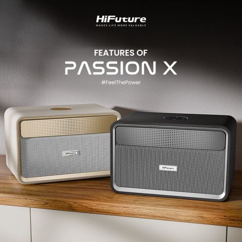 Тонколони HiFuture Passion X Black, 100W Output (Max.Power), Built-in Powerful DSP with DynaBoost Technology, Crafted Wood Cabin, Wireless 5.4, Two-Way Full Range Speaker System, Built-in 8000mAh High-Performance Battery System, Pair to Stereo Sound Syste
