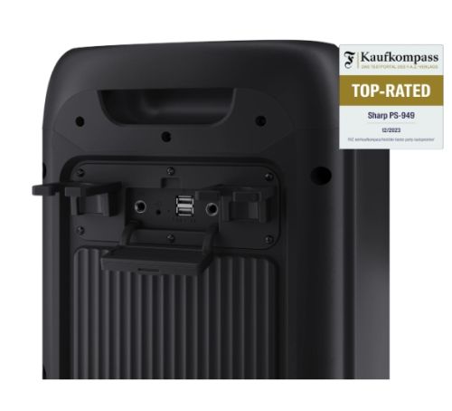 Тонколони Sharp Speakers PS-949, XPARTY STREET BEAT  2 x 8" woofers + horn tweeter, max power output 132 W, 12 h play time by built in battery, True wireless Stereo, USB Music playback and charging, DJ FX, BT 5.0, 2 x Mic/Guitar inputs, Splashproof (IPX4)