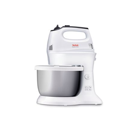 Миксер Tefal HT312138, Quick mix Hand Mixer with bowl, 300 W, 5 Speeds + turbo, 2 Beaters, 2 Dough hooks, automatic rotating bowl, white & inox standbowl