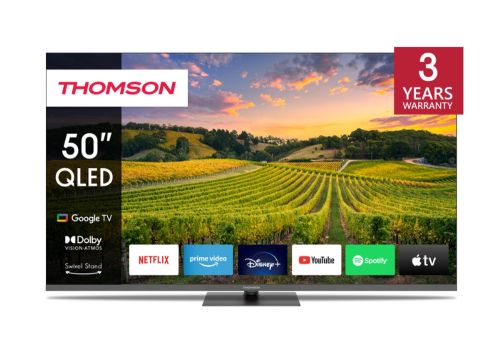 Телевизор Thomson 50" QLED Google TV; 3840 x 2160 (4K UHD), 4000:1, QLED, 60 Hz, DVB-T/T2/C/S/S2, HDR10, Wi-Fi, Bluetooth, LAN, HDMI 2 (2.0) + 2 (2.1), USB 2 (2.0) + 1 (3.0), Hotel mode, Central Swivel Stand, Dark gray