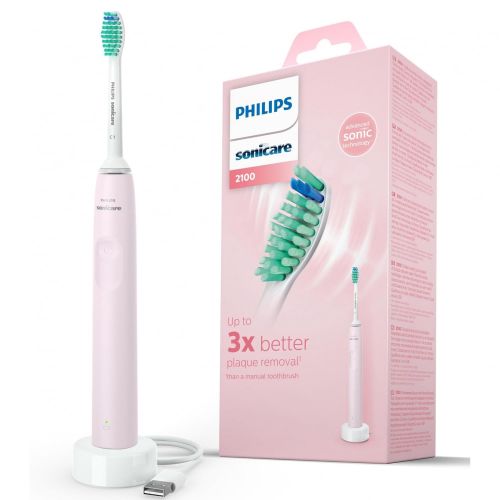 Електрическа четка за зъби Philips Sonicare 2100 HX3651/11, 31000 движения/мин, QuadPacer, SmarTimer, 1 накрайник, розова